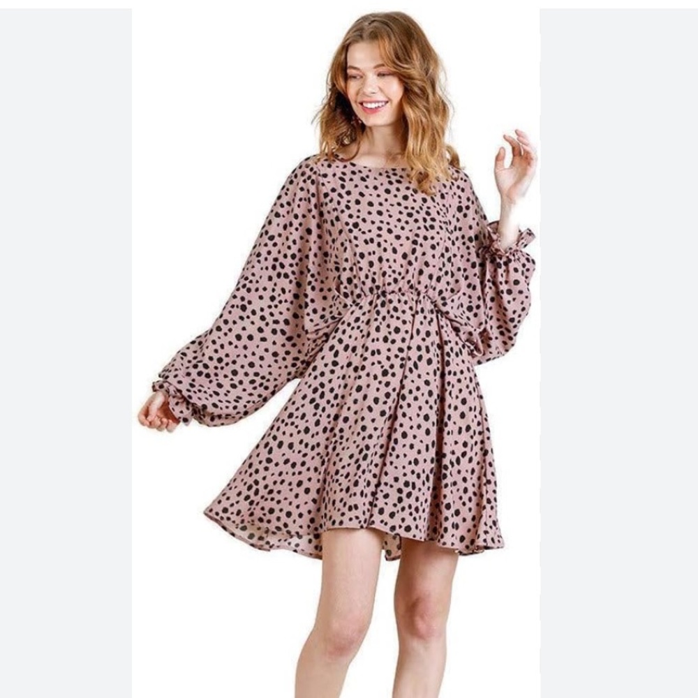UMGEE Polka Dot Tan Flared Keyhole Dress NWOT